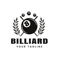 Billiards design logo showing black ball number 8, billiard room, triangle or pool club, billiard ball, icon, symbol, template - obrazy, fototapety, plakaty