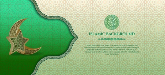 Islamic horizontal banner with luxury border frame, Arabic pattern background, crescent moon, and 3d stars. Perfect for Islamic celebrations: happy Muharram, Ramadan Kareem or eid al Fitr, eid al Adha