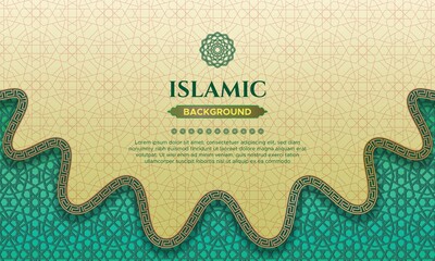 green Tosca and pastel brown Islamic pattern background with wave border frame. Suitable for Islamic celebrations: happy Muharram, eid al Fitr mubarak, eid al Adha, isra Miraj, and mawlid an Nabi 