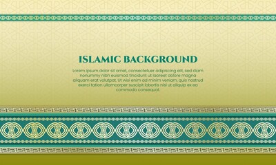 green Tosca Islamic border frame on geometric background pattern with light brown color pattern. Suitable for Islamic celebrations: Happy Muharram, Eid al-Fitr, Eid al-Adha, Isra Miraj, and Maulid.