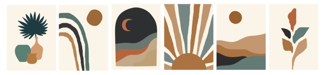Collection of modern simple minimalist abstractions in boho style: landscapes with sun and moon, palm leaf in a vase and pots, hand-drawn geometric shapes on a colored background