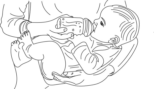Sketch drawing of mother feeding baby with baby milk bottle, Baby feeding bottle Vectors & Illustrations, Baby milk bottle cartoon Black & White Stock Photos