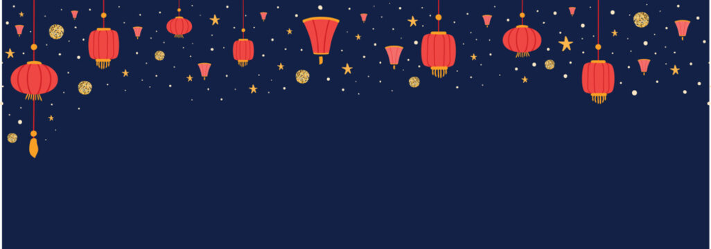 Chinese lanterns. Asian chinese lanterns seamless border. Chinese red lanterns, stars, golden circle shapes in the sky. Korean, Japanese asian red lamp Traditional festival decor. Vector illustration.