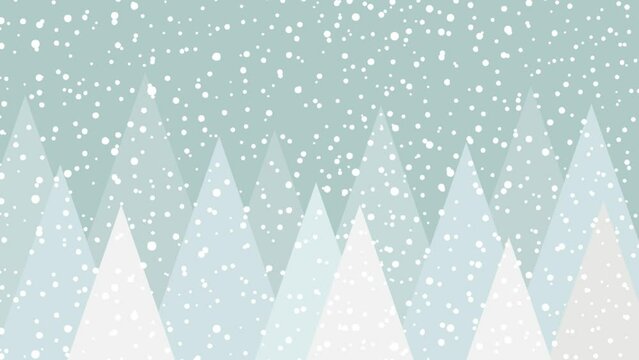 Winter landscape background, abstract mountains with fir trees under snowfall. Animated illustration with copy space. Loop footage 4k