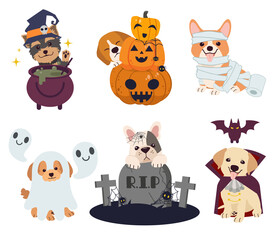 The collection of dogs with Halloween theme set. Graphic resource about dog pet animal and Halloween theme for  content, banner, sticker label and greeting card.