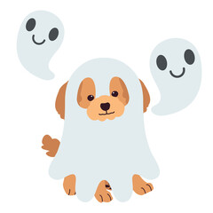 The character of Poodle dog with ghost costume for Halloween theme set. Graphic resource about dog pet animal and Halloween theme for content, banner, sticker label and greeting card.