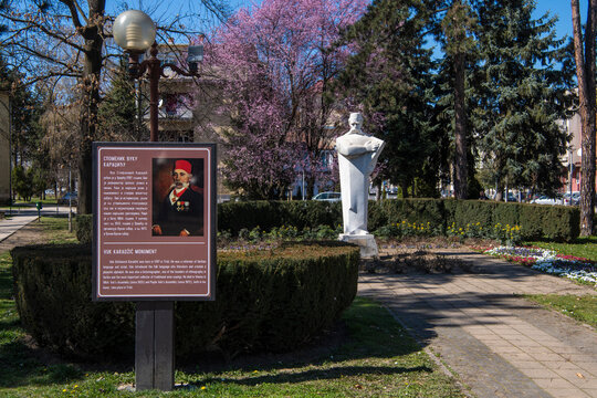 Monument to Vuk Karadzic in the center of Loznica in Serbia. Vuk Karazdic was a Serbian philologist and linguist who was the major reformer of the Serbian language. Loznica, Serbia 25.03.2022