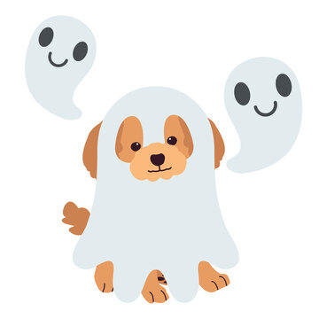 The character of Poodle dog with ghost costume for Halloween theme set. Graphic resource about dog pet animal and Halloween theme for content, banner, sticker label and greeting card.