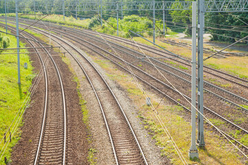 Fototapeta na wymiar Railroad Tracks and Overhead Wires, From Above