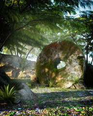 rai stone with moss forest environment 3d illustration - obrazy, fototapety, plakaty