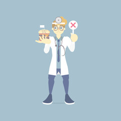 sad and upset male doctor holding wrong, incorrect sign symbol with junk food, health care concept for hospital, flat vector illustration cartoon character design
