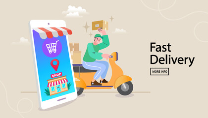 Obraz premium Online delivery service concept. Fast delivery by scooter via mobile phone. Man riding motorcycle. Vector illustration.