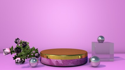 Abstract pink 3D room with realistic pink golden cylinder pedestal podium and silver marble.