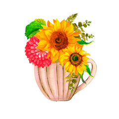 Bouquet of yellow sunflowers and red zinnia flowers in a tea cup, watercolor on a white background. Sunlight, sun flower. For decorating stationery, textiles, clothes, pillows