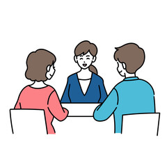 相談をする若い夫婦と提案をするプランナーの女性