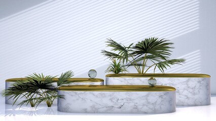 Abstract white 3D room with realistic white pedestal podium set and palm leaf shadow overlay.