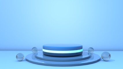 Abstract blue 3D room with realistic cylinder pedestal podium set and glass marble.