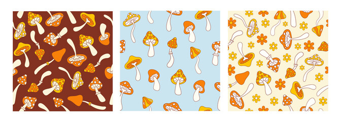 Fototapeta na wymiar Floral hippie set seamless patterns with cute mushrooms on a brown, blue and beige background. Groovy retro vintage print in style 70s, 80s. Vector illustration