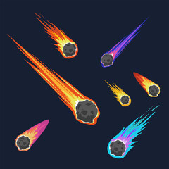 Illustration of space meteors, comets and asteroids with fire trails  © abeadev