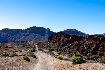 Scenic hiking trail leading to Guajara, Roque de la Grieta near Montana Majua in volcano Mount Teide National Park, Tenerife, Canary Islands, Spain, Europe. Volcanic barren desert landscape. Dirt road