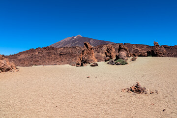Scenic view on moon landscape of Minas de San Jose Sur near volcano Pico del Teide, Mount El Teide National Park, Tenerife, Canary Islands, Spain, Europe. Lava rocks and pumice field on desert terrain