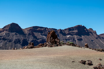 Panoramic view on mount Guajara, Roque de la Grieta in volcano Mount Teide National Park, Tenerife, Canary Islands, Spain, Europe. Volcanic barren desert landscape canyon. View from Minas de San Jose