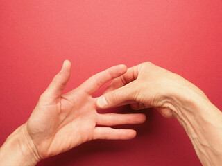 Hand position for mudra no. 1 in Jin Shin Jyutsu, alternative healing method or self-help concept,...