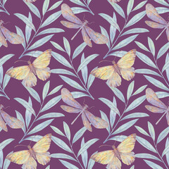 Abstract seamless background of leaves and butterflies for design, fabric, wallpaper, wrapping paper. Graceful botanical drawing. Watercolor illustration processed in a digital program.