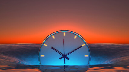concept clock sinks into the sea at sunset