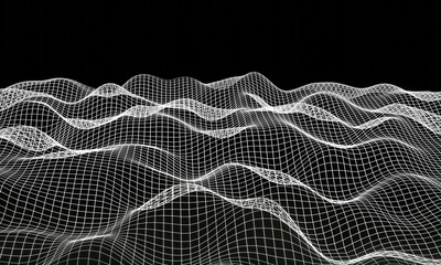 3D illustration Wave of particles on dark background. Technology backdrop.Abstract 3d wireframe landscape grid  on black background.