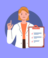 Portrait of female therapist with list of tips, recommendations marked with red checkmark. Doctor's advice. Consultation, medical information, appointment, instruction, prescription. Vector.
