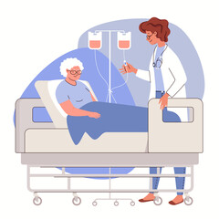 Doctor provides assistance, cares for elderly patient lying on bed in a hospital ward and taking medication intravenously through drip system. Vector character illustration.
