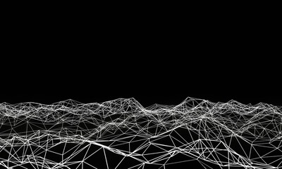 3D illustration Wave of particles on dark background. Technology backdrop.Abstract 3d wireframe landscape grid  on black background.