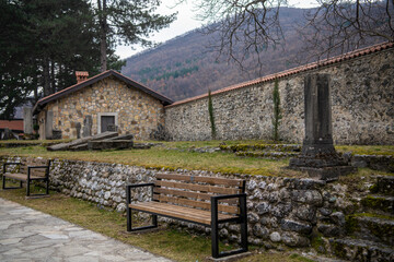 Courtyard or garden of Medieval Monastery and Church Pecka Patrijarsija, main Serbian orthodox monastery and patriarchate. UNESCO world heritage site in Pec, Kosovo, Serbia 05.03.2022
