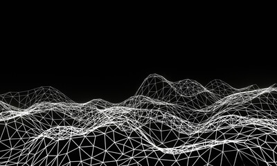 3D illustration Wave of particles on dark background. Technology backdrop.Abstract 3d wireframe landscape grid  on black background.