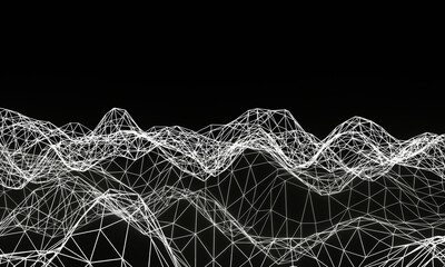3D illustration Wave of particles on dark background. Technology backdrop.Abstract 3d wireframe landscape grid  on black background.