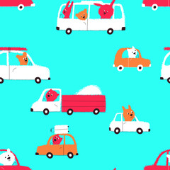 Seamless pattern with cute animals riding on transport. Bus truck car and funny animals on a pattern for children's fabric. Flat vector illustration.