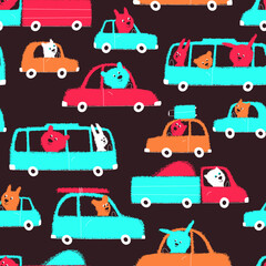 Seamless pattern of vehicles with cute animals driving on a dark background. Bus truck car and animals in the pattern for children's fabric. Flat vector illustration.