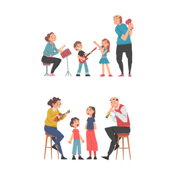 Set of happy families playing music and singing. Parents and children spending good time together cartoon vector illustration