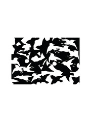 Abstract hand drawn black and white vector of flying birds moving through shadow and light. Highly artistic design hand drawn lithograph optical illusion vector