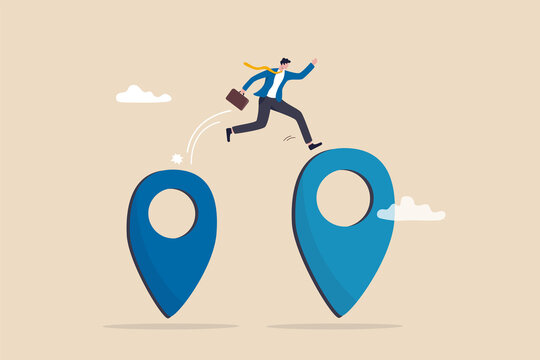 Business relocation, move office to new address or transfer to new location concept, businessman company owner jumping from map navigation pin to new one metaphor of relocation.