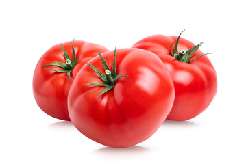 Tomatoes vegetable isolated on white background. Three fresh tomatoes. Clipping path.