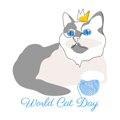 World Cat Day. White-gray cat with a crown on his head.