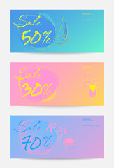 Set of flyers with summer discounts. Summer miniatures - sailboat, cocktail, palm trees and sunset on soft gradient backgrounds.