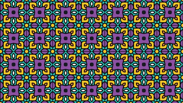 Abstract, background animation scrolling right purple yellow and black. Seamless geometric pattern with colorful creative abstract tile green and pink on black background animation