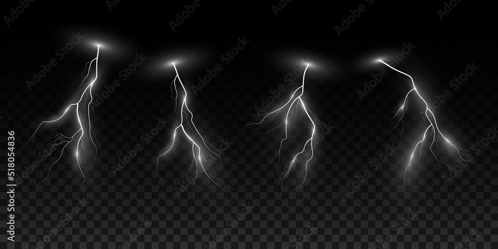 Poster set of lightning effect isolated on dark transparent background. thunderbolt with light effect. thun
