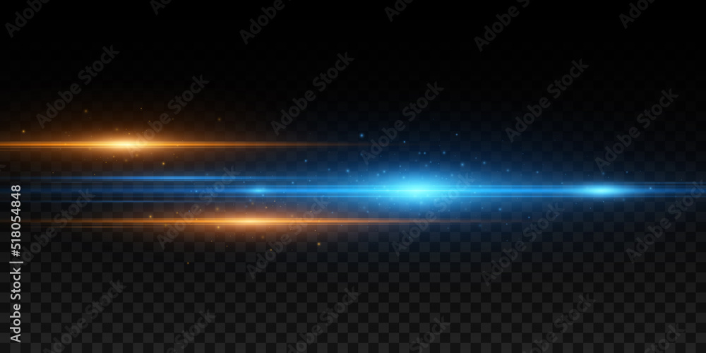 Poster blue and orange light effect isolated on dark transparent background. bright flash for your project.