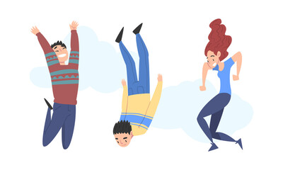 Joyful people flying in sky enjoying freedom set. Happy dreaming boys and girl floating in air cartoon vector illustration