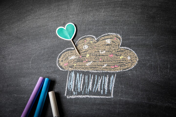 Sweets and birthday concept. Heart and a cake drawn with crayons