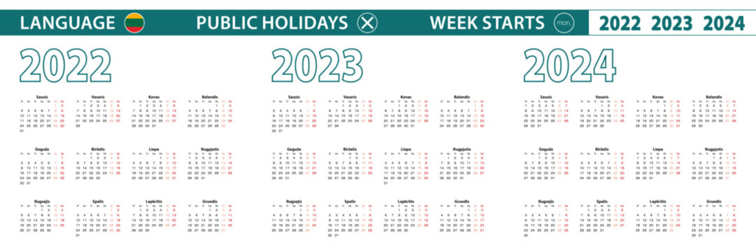 Simple calendar template in Lithuanian for 2022, 2023, 2024 years. Week starts from Monday.